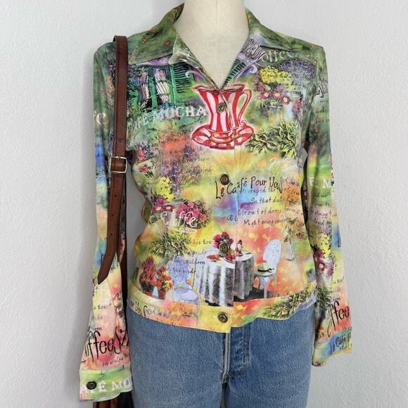 Whimsical Cafe Scene Print Jacket Lightweight Size Small Y2K Style - Picture 1 of 8